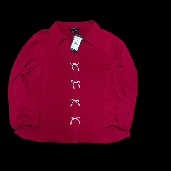 Adrianna Papell Tops - New With Tags Adrianna Papell Pearl Bow V-Neck Blouse‎ - Haute Red XL